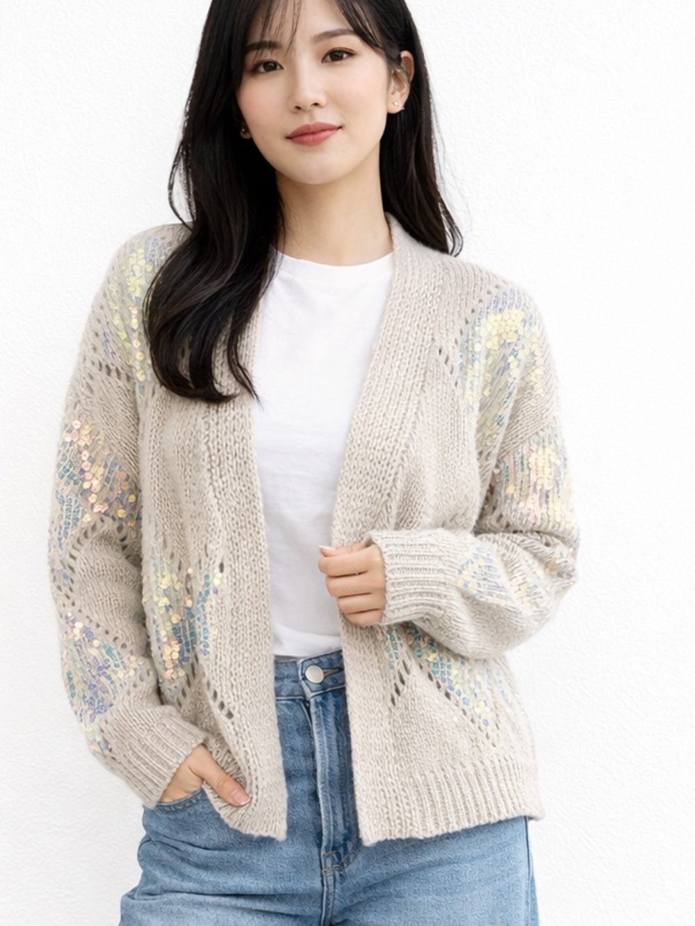 Cato Collection Sequin Knit Cardigan Oatmeal Neutral Cozy open knit Sweater XL